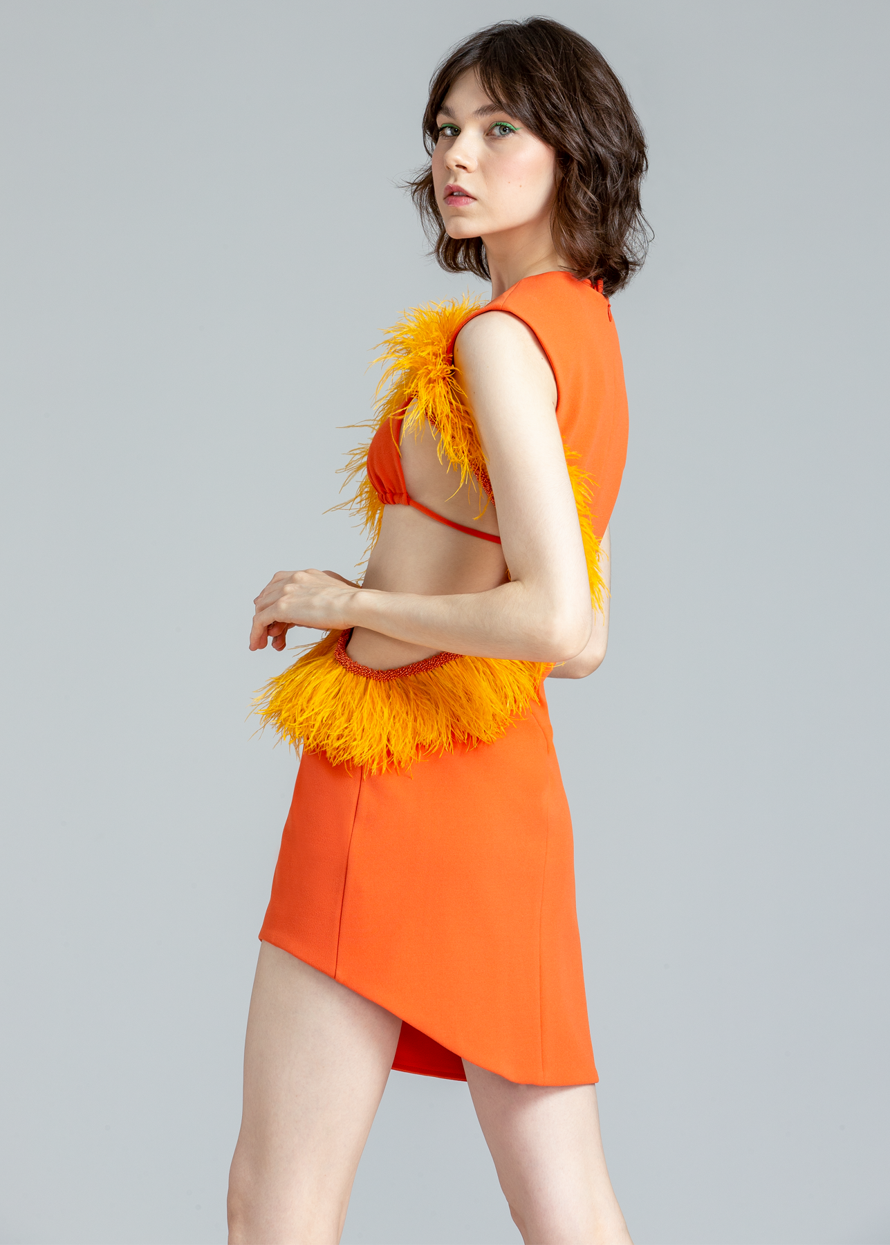 DRESS W/ FEATHERS AND TECHNO CREPE TOP