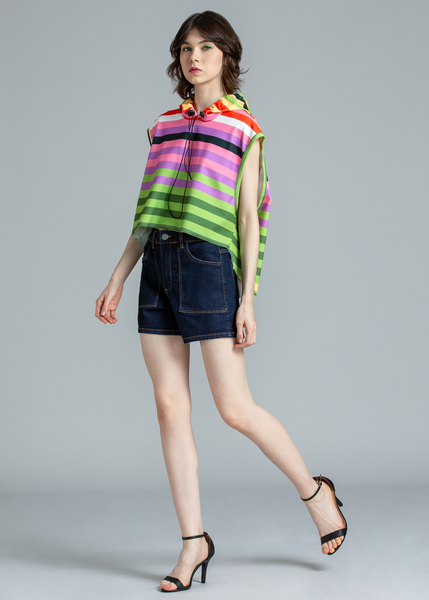 VEST WITH STRIPED CREPE HOOD