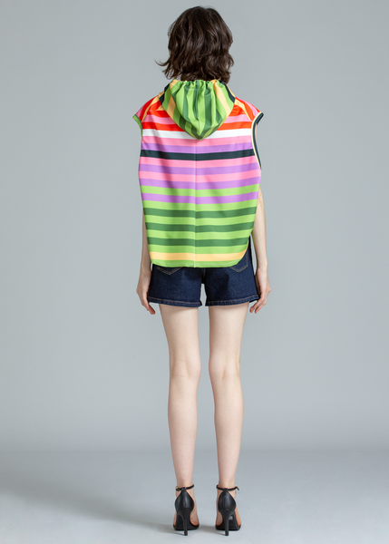 VEST WITH STRIPED CREPE HOOD